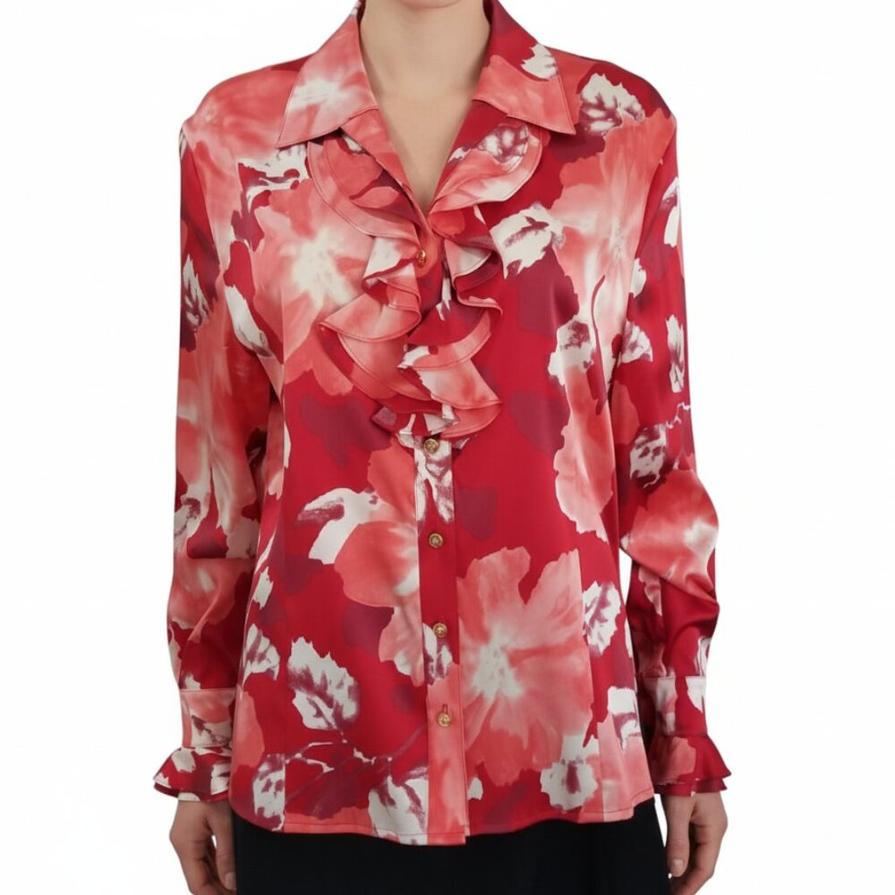 St. John Collection by Marie Gray Silk Ruffle Blouse Floral Long Sleeve 10 NEW
